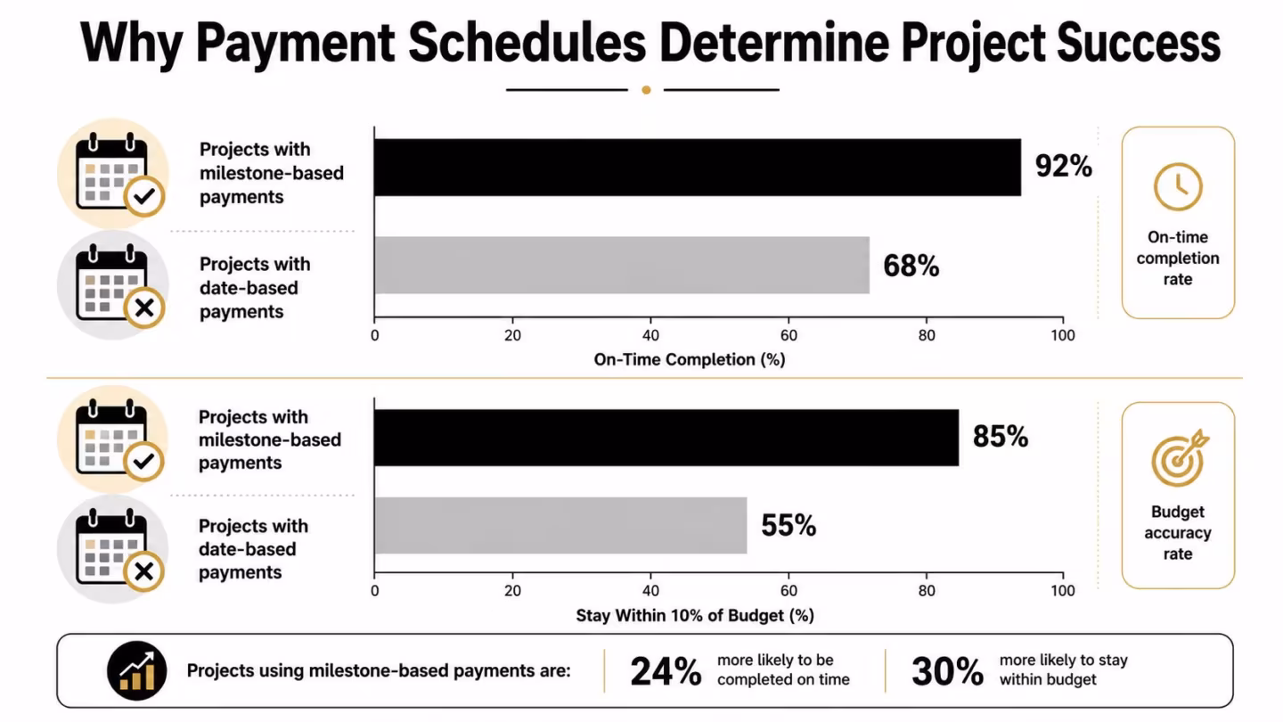 A bar chart showing milestone-based payment projects achieve higher on-time completion and better budget accuracy rates.