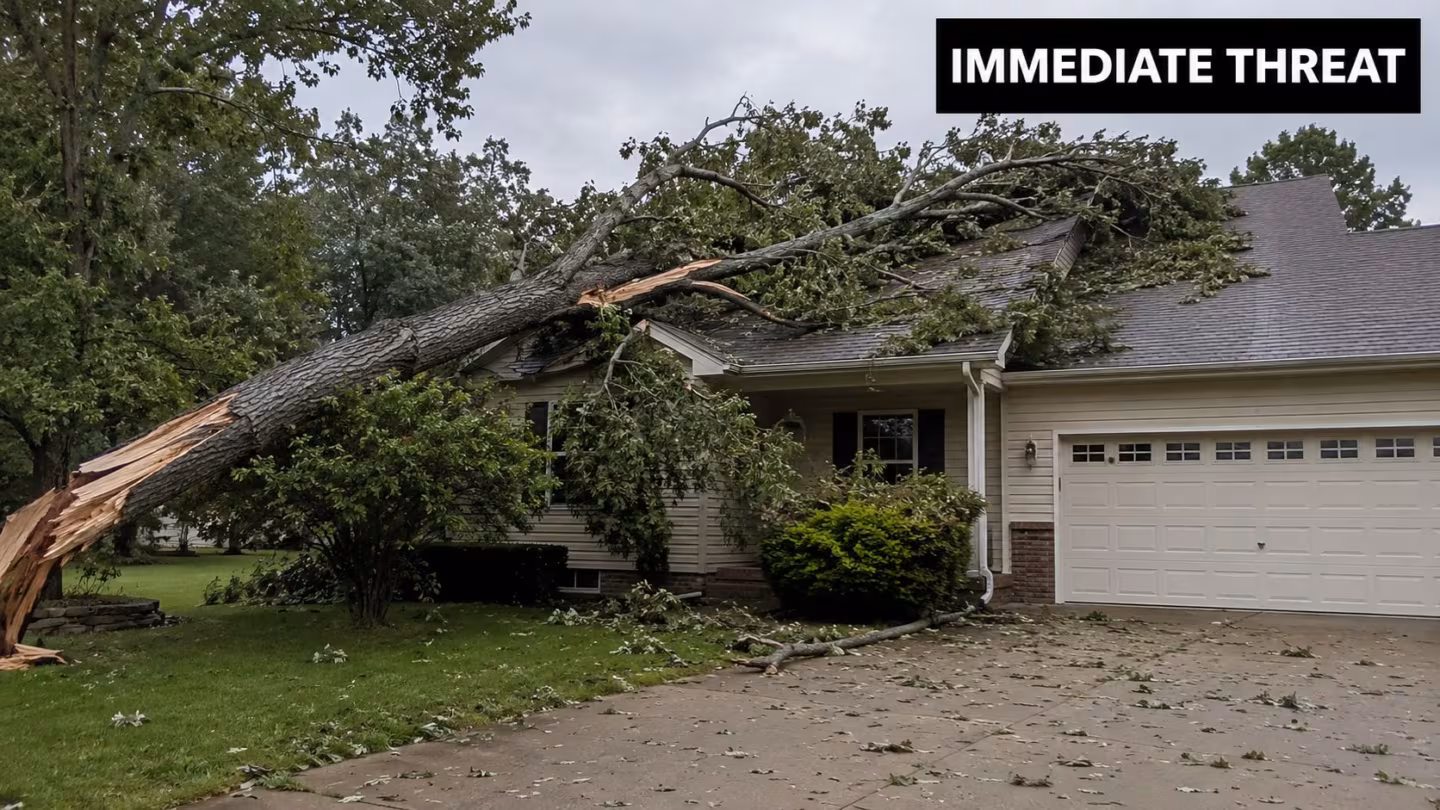 A large fallen tree lying across the roof and front yard of a residential suburban home.