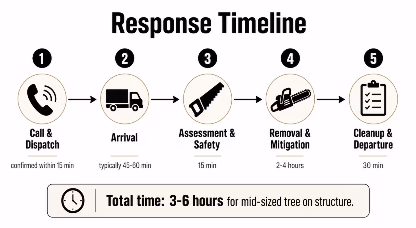 A five-step response timeline infographic for emergency tree removal services, detailing the process from initial call to final cleanup.