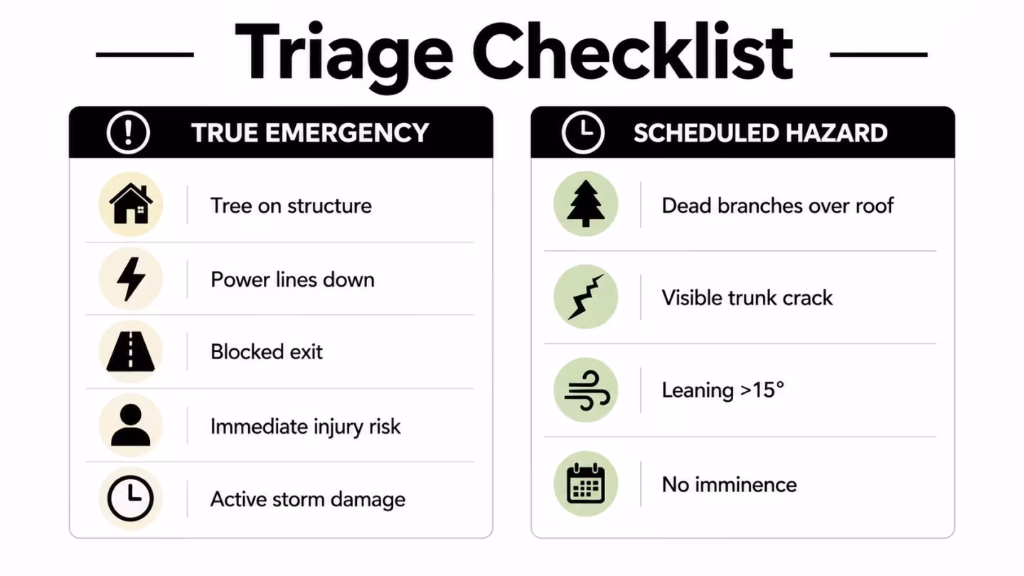 An infographic titled Triage Checklist displaying True Emergency items on the left and Scheduled Hazard items on the right.
