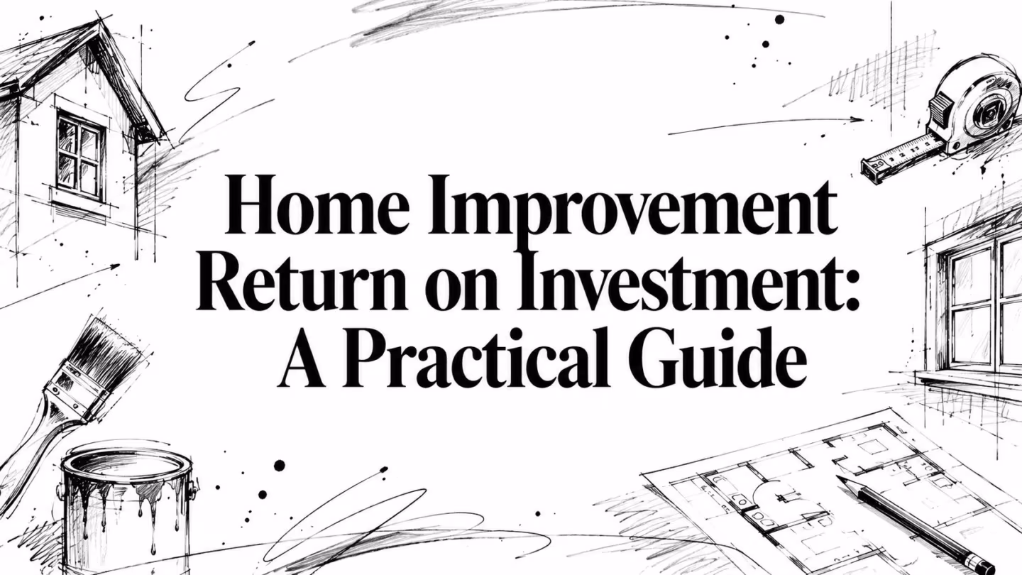 Editorial sketch with a house, kitchen plan, tools, and the title Home Improvement Return on Investment: A Practical Guide