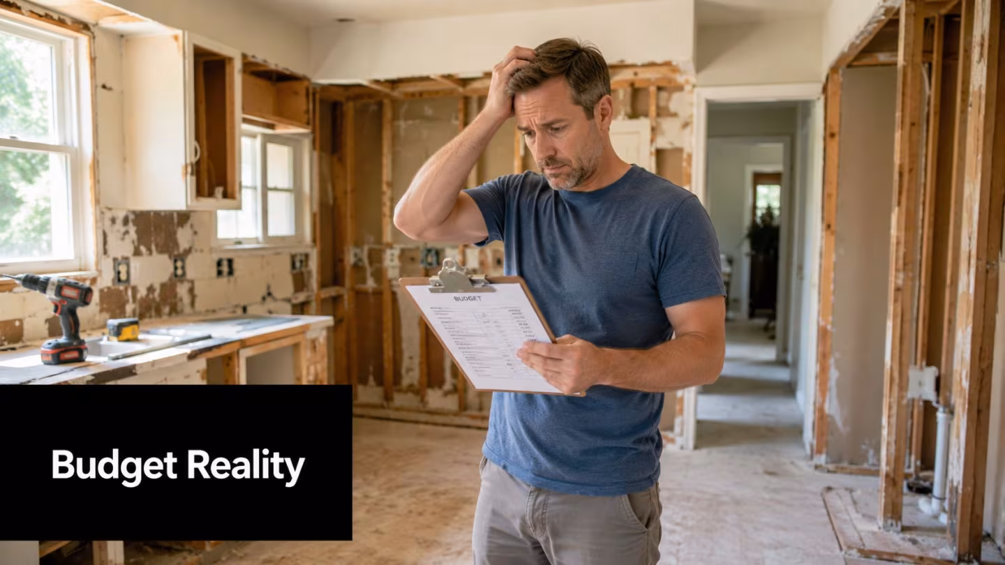 A man looking stressed at a home renovation budget while standing in a kitchen under construction.
