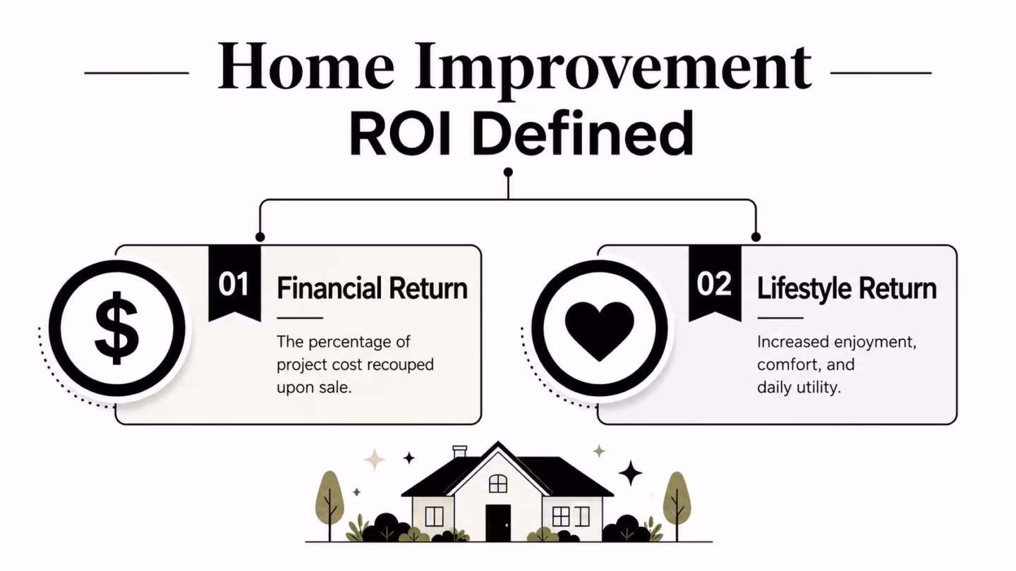 An infographic titled Home Improvement ROI Defined, illustrating financial and lifestyle returns on property projects.