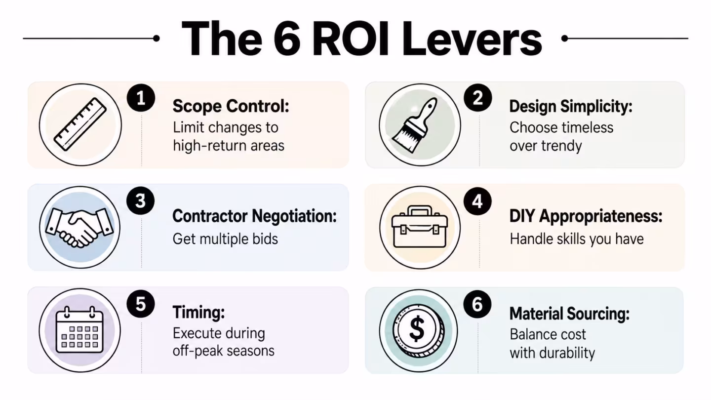 An infographic titled The 6 ROI Levers showing six strategies for maximizing home improvement project returns.