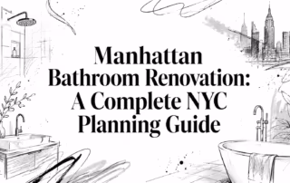 Illustrated Manhattan bathroom renovation guide with a modern tub, vanity, shower, fixtures, plants, and NYC skyline