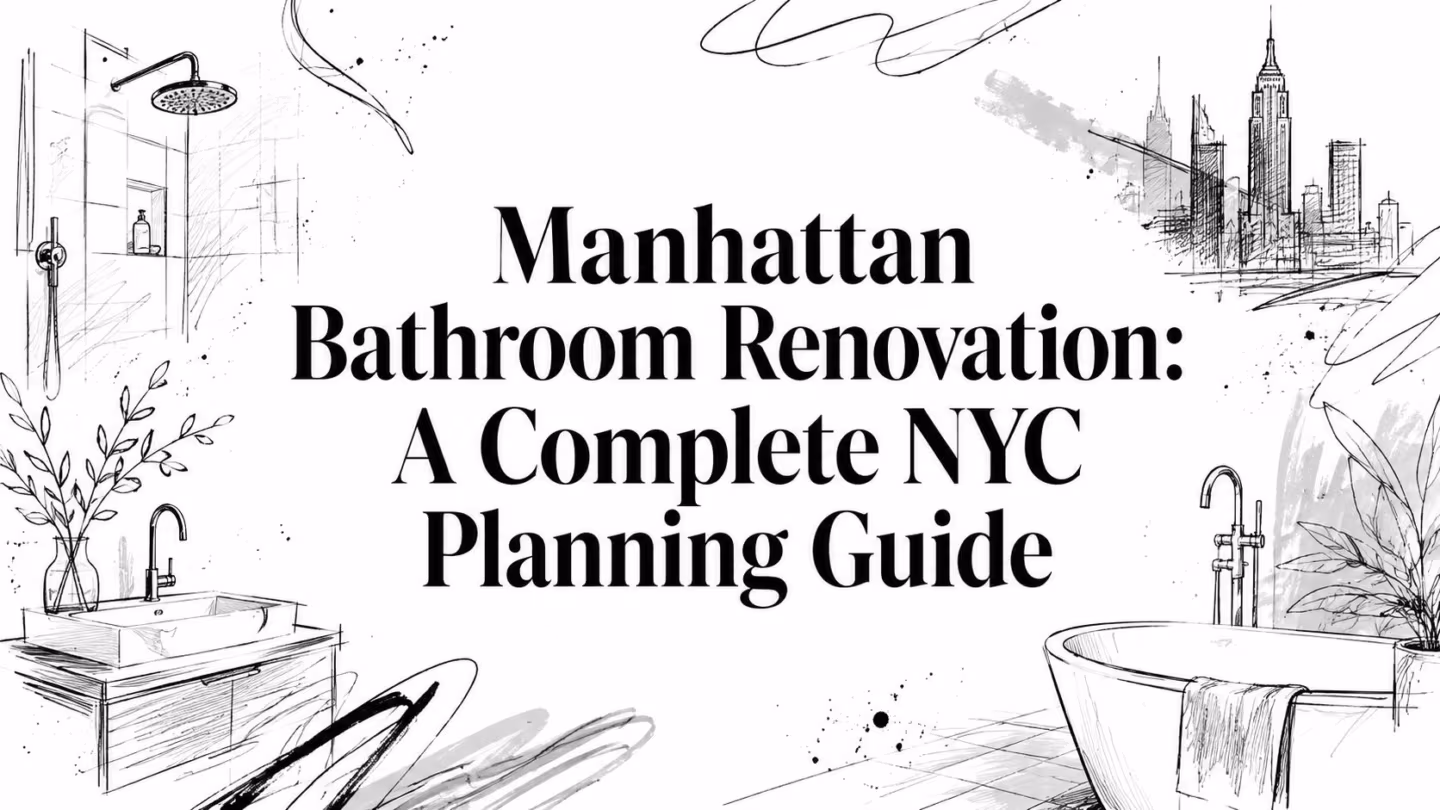 Illustrated Manhattan bathroom renovation guide with a modern tub, vanity, shower, fixtures, plants, and NYC skyline
