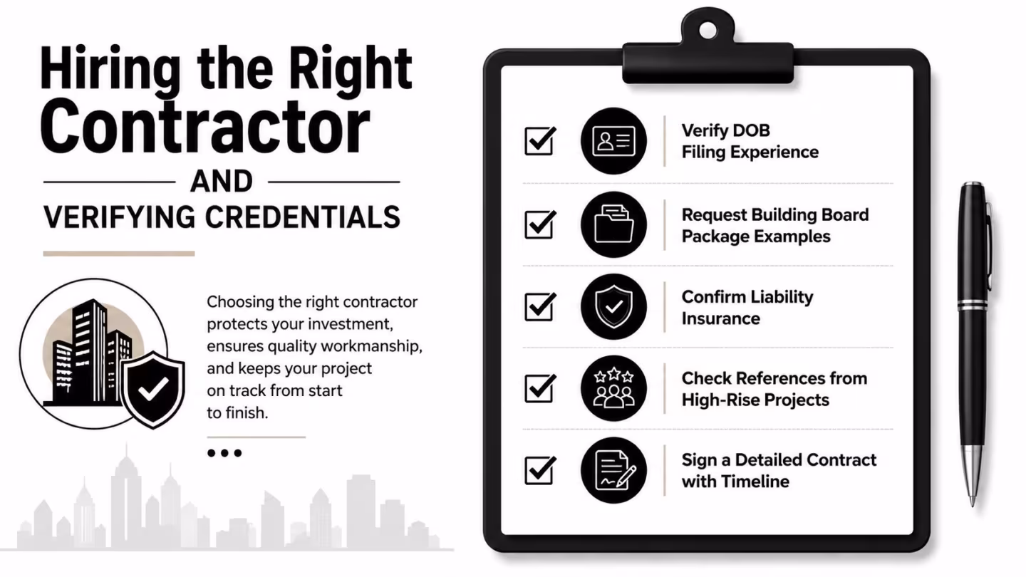 A checklist for hiring a professional contractor for high-rise residential construction projects and renovation management.