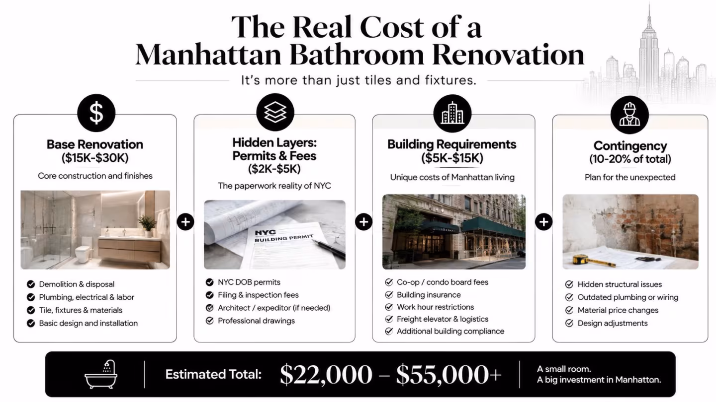 An infographic detailing the estimated costs and breakdown of a Manhattan bathroom renovation project in NYC.