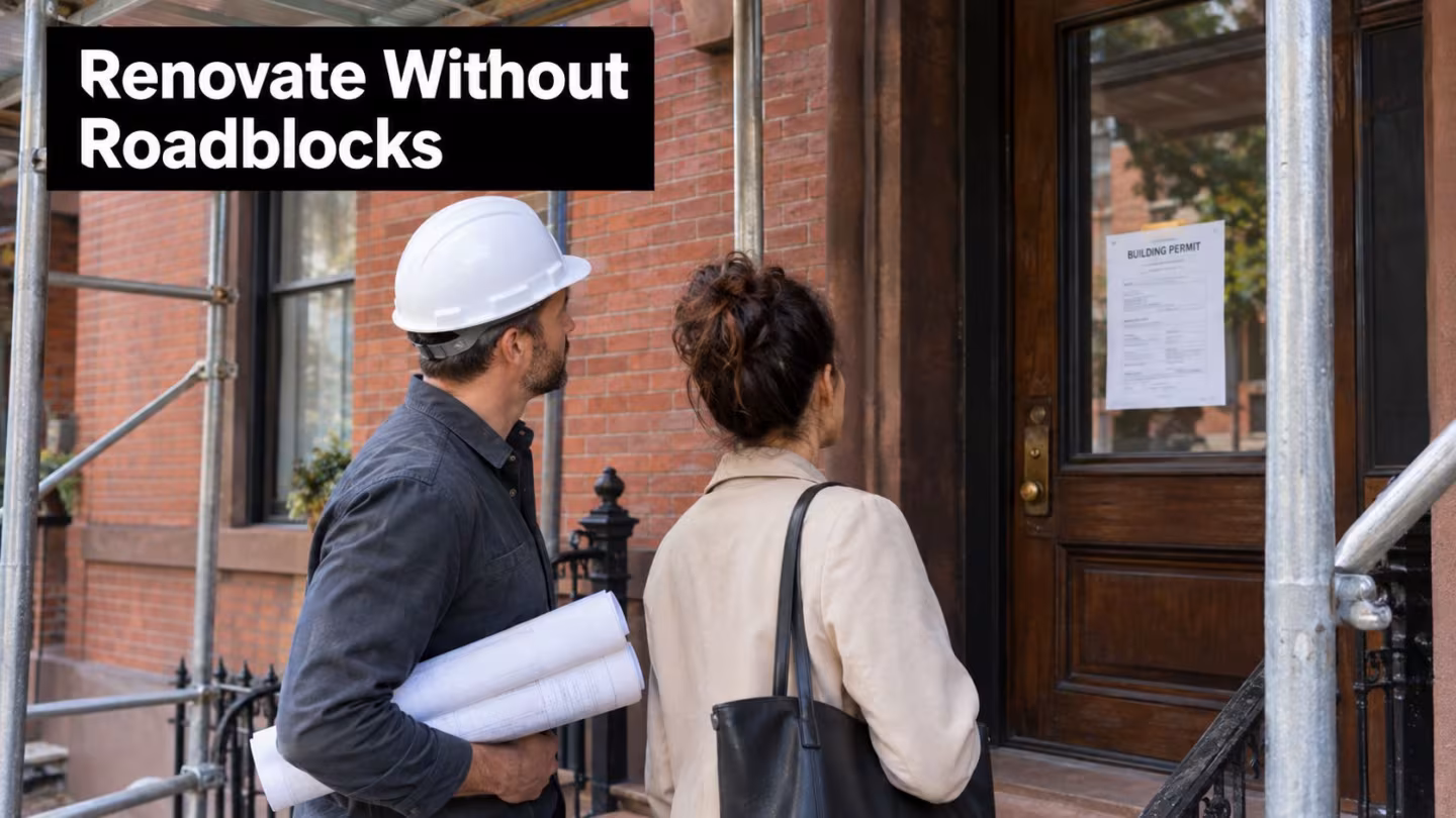 A professional contractor and a woman looking at a building permit posted on a front door.