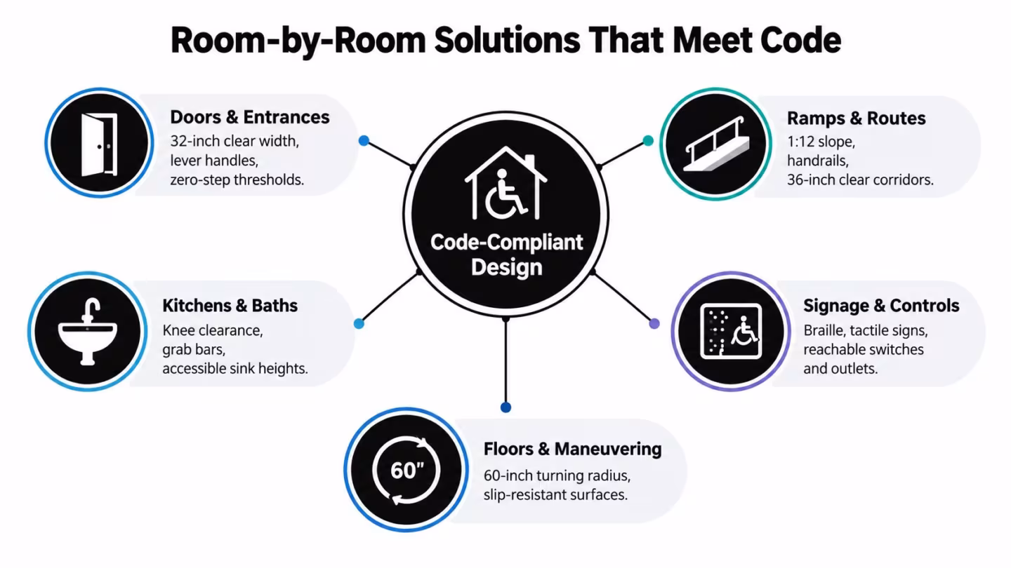 A diagram illustrating room-by-room accessibility design solutions such as doors, ramps, kitchens, signage, and flooring requirements.