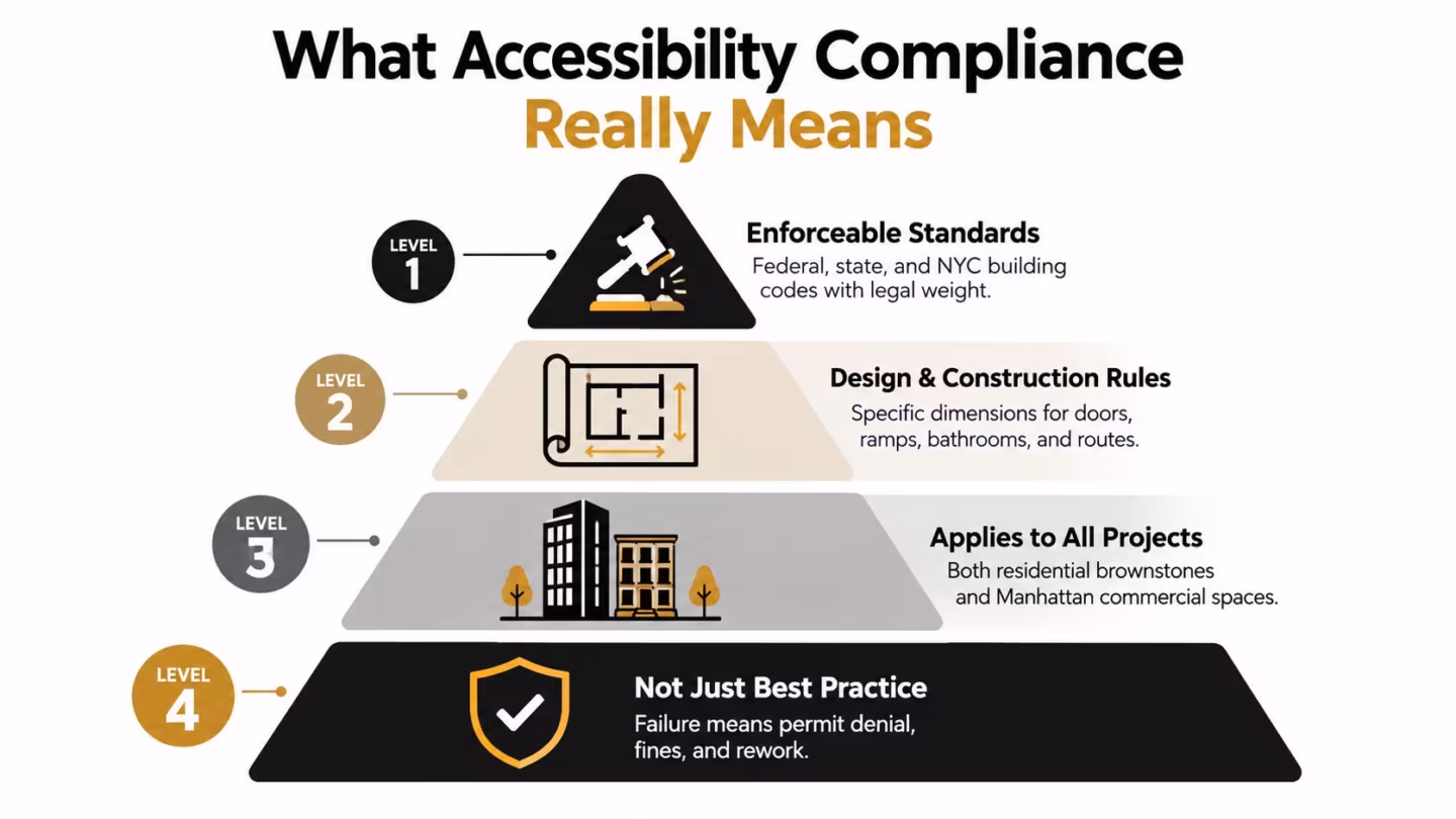 A pyramid diagram illustrating four levels of accessibility compliance for building and construction projects.