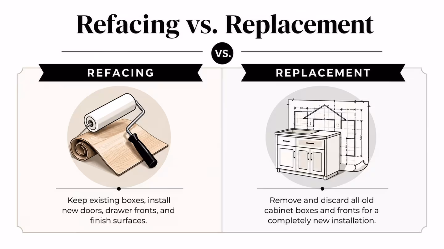 A comparison graphic showing the differences between cabinet refacing and full cabinet replacement for home remodeling.