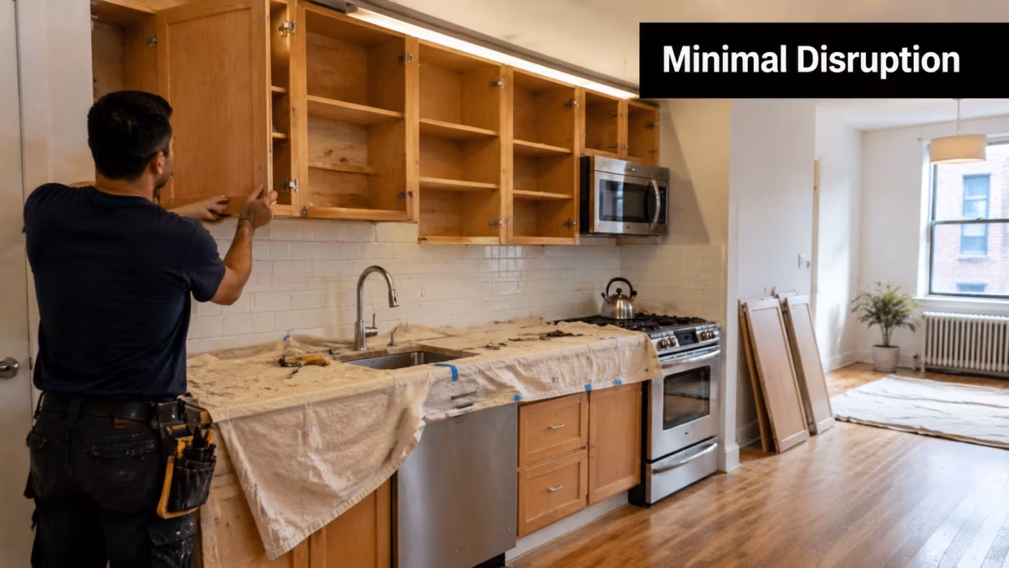 A professional contractor installing cabinet doors during a kitchen remodeling project involving cabinet refacing and replacement.