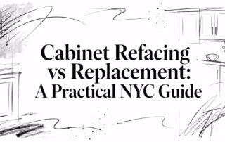 A kitchen sketch reads “Cabinet Refacing vs Replacement: A Practical NYC Guide,” with cabinets and a countertop shown.