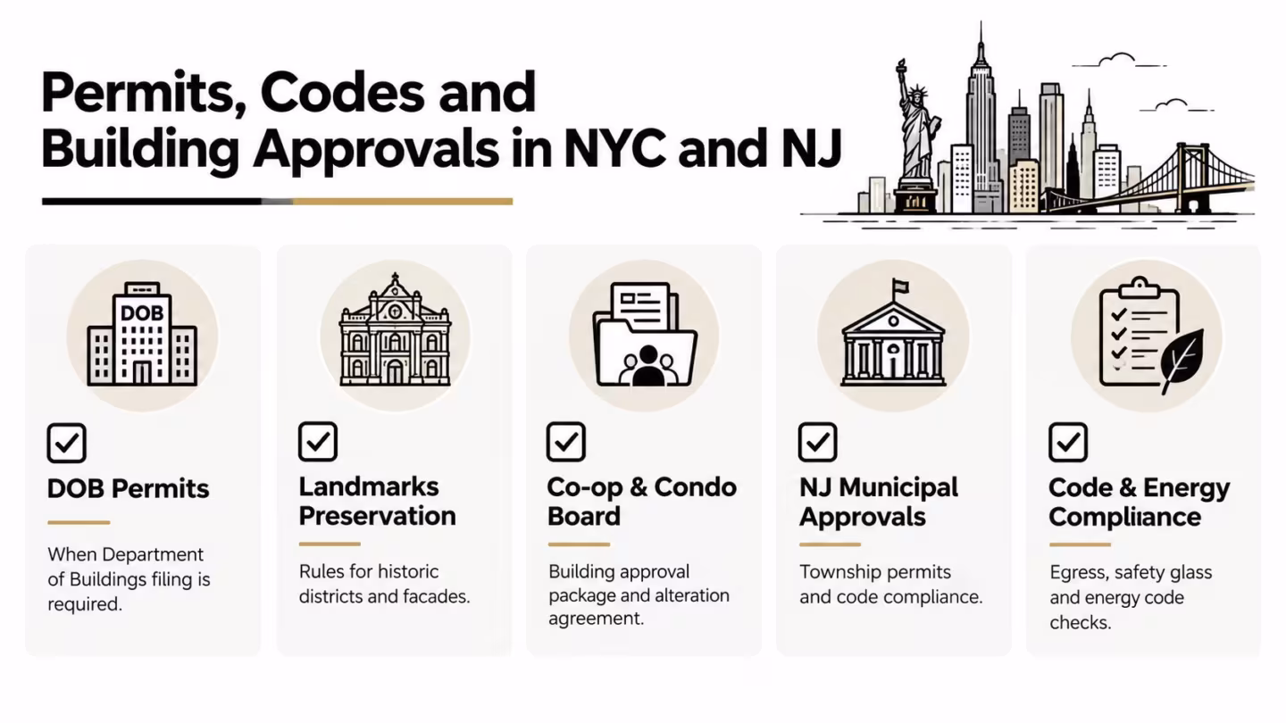 A graphic illustration detailing building permit and compliance procedures in NYC and New Jersey residential projects.