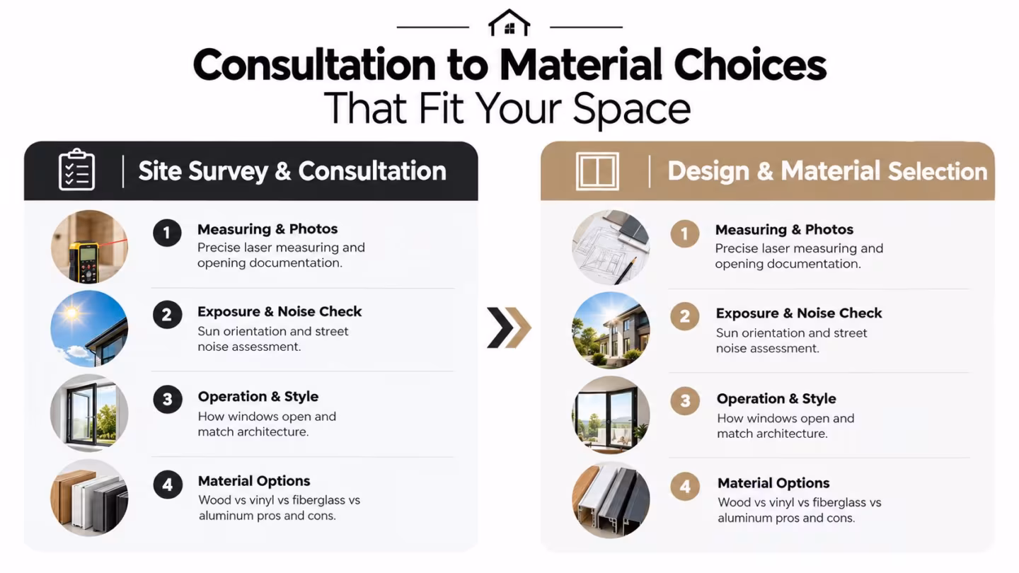 An infographic showing the two-step process of site survey and window design consultation for home renovations.