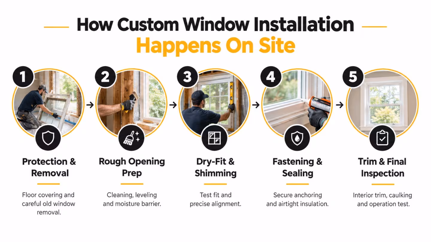 A five-step infographic illustrating the professional process of custom window installation in a residential home.