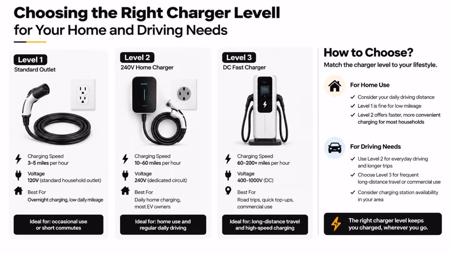 An infographic comparing three levels of electric vehicle chargers by speed, voltage, and recommended use cases.