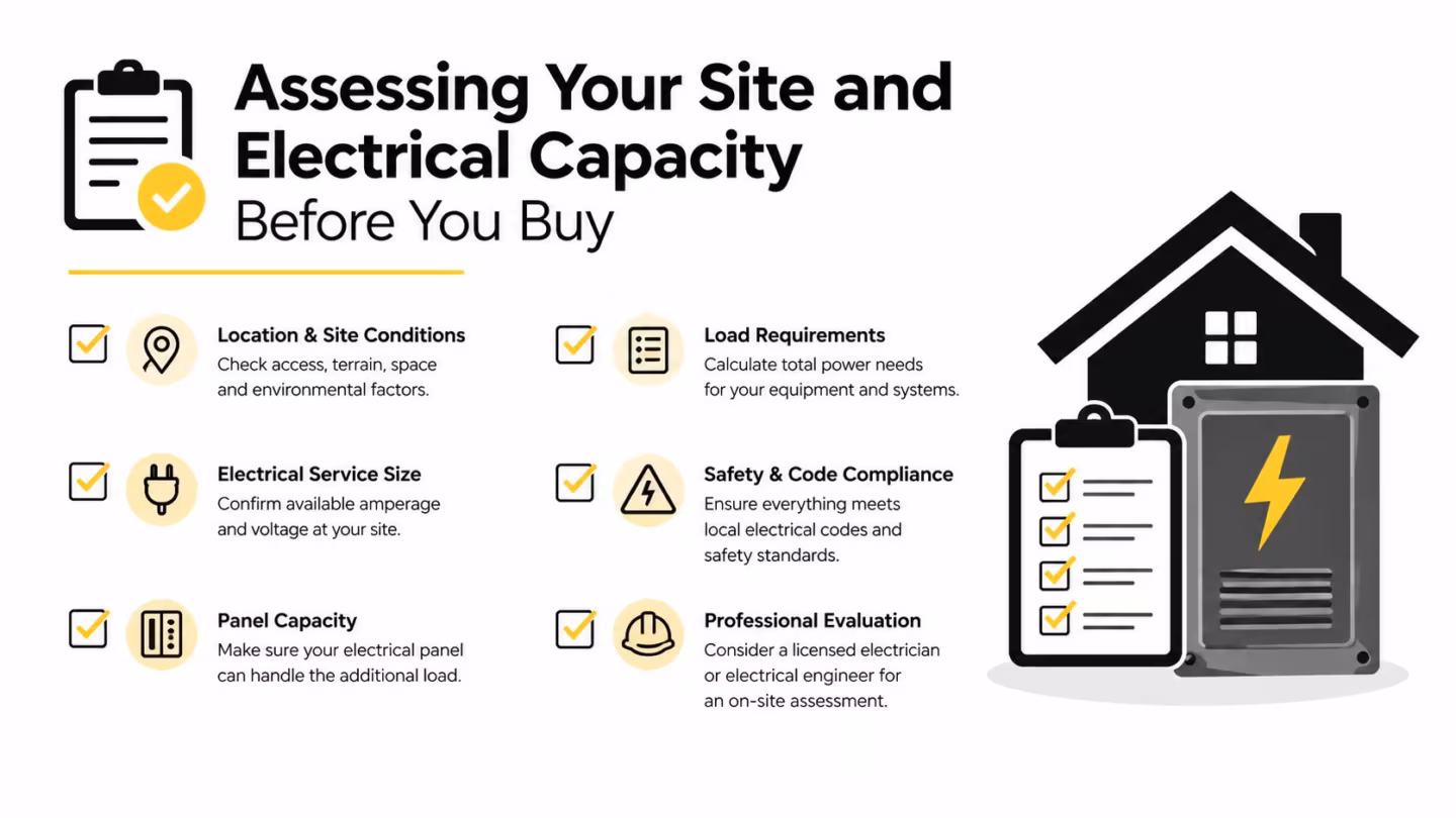 An infographic checklist for evaluating site conditions and electrical capacity before installing new equipment or infrastructure.