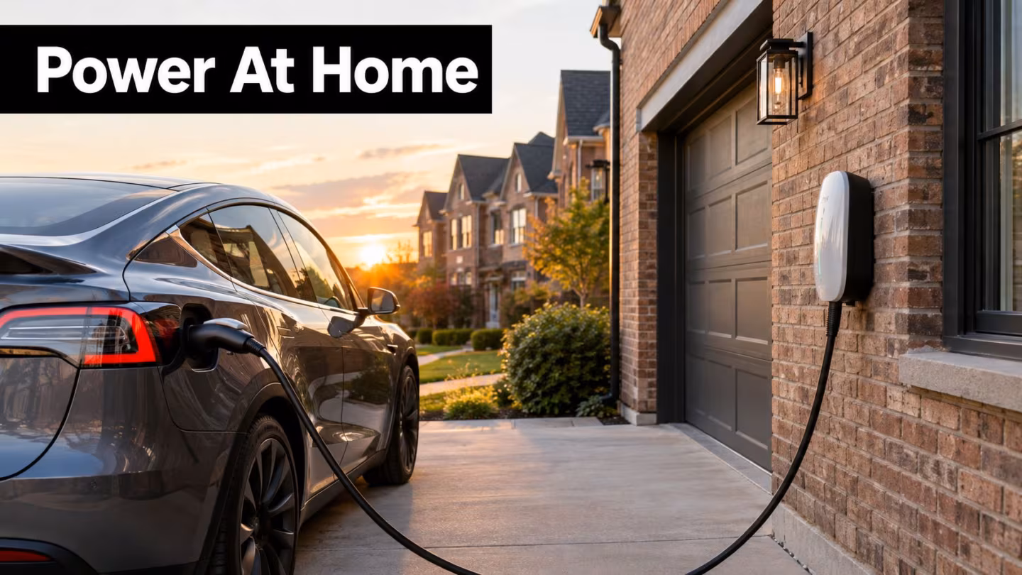 A modern electric vehicle charging station mounted on a brick house wall charging a dark car.