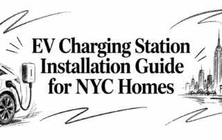 Illustrated electric vehicle beside a charger with the title EV Charging Station Installation Guide for NYC Homes.