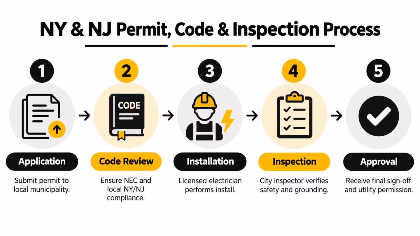 A five-step flowchart illustrating the permit, code, and inspection process for electrical installations in New York and New Jersey.