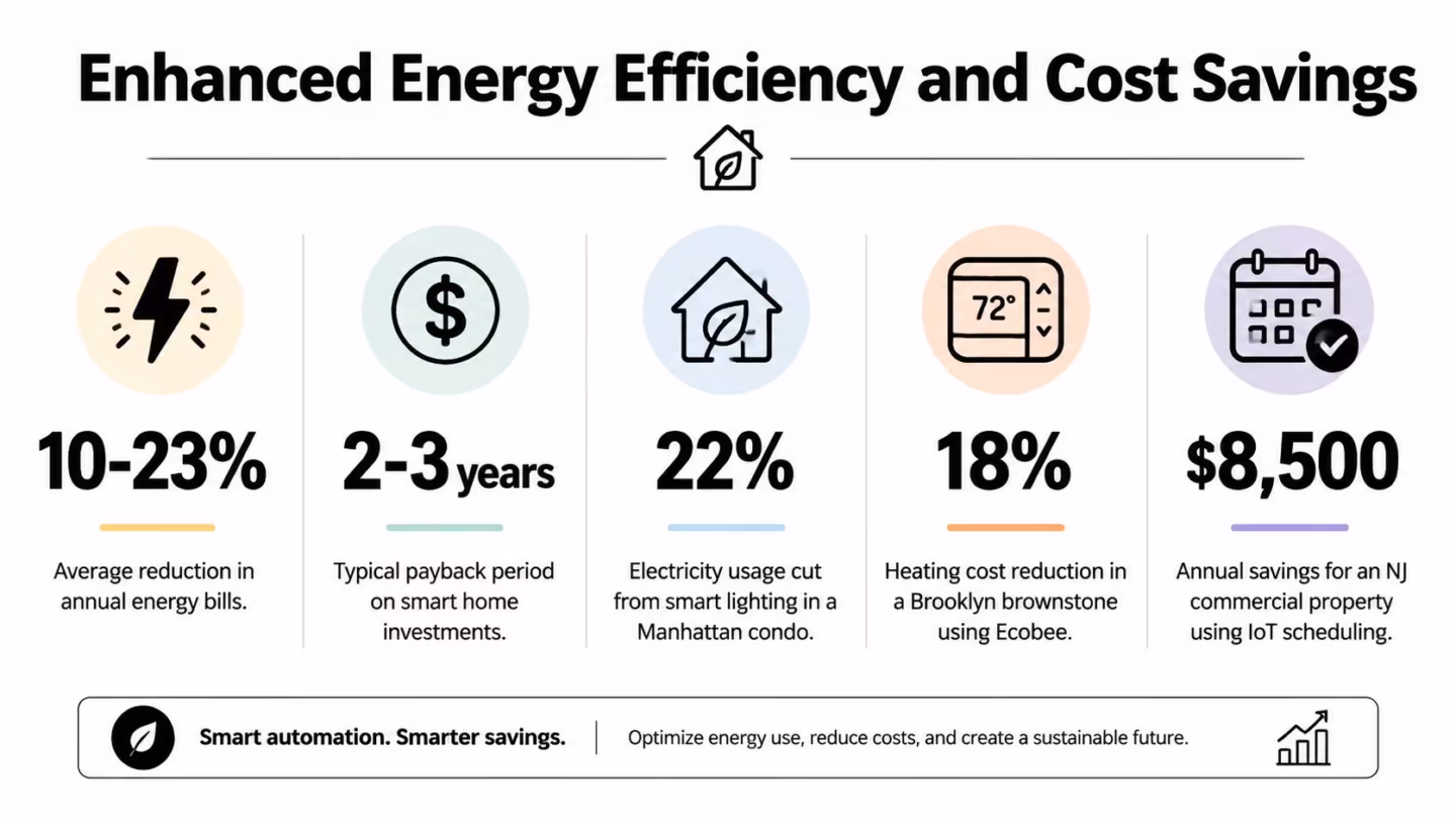 An infographic illustrating the energy efficiency and cost savings benefits provided by smart home automation technologies.