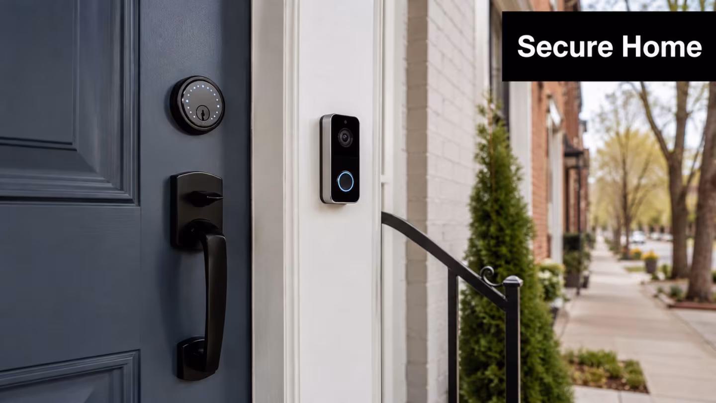 A modern dark blue front door featuring a smart electronic keypad lock and a video doorbell.