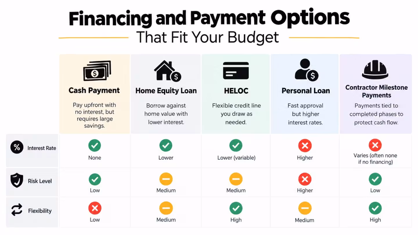 A comparison chart outlining different financing and payment options for home renovation projects, detailing interest, risk, and flexibility.