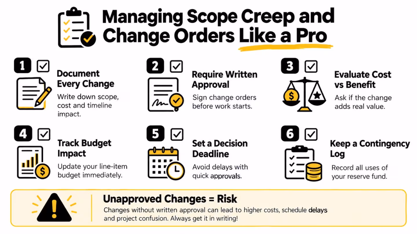 A professional guide showing six essential steps to effectively manage project scope creep and change orders.