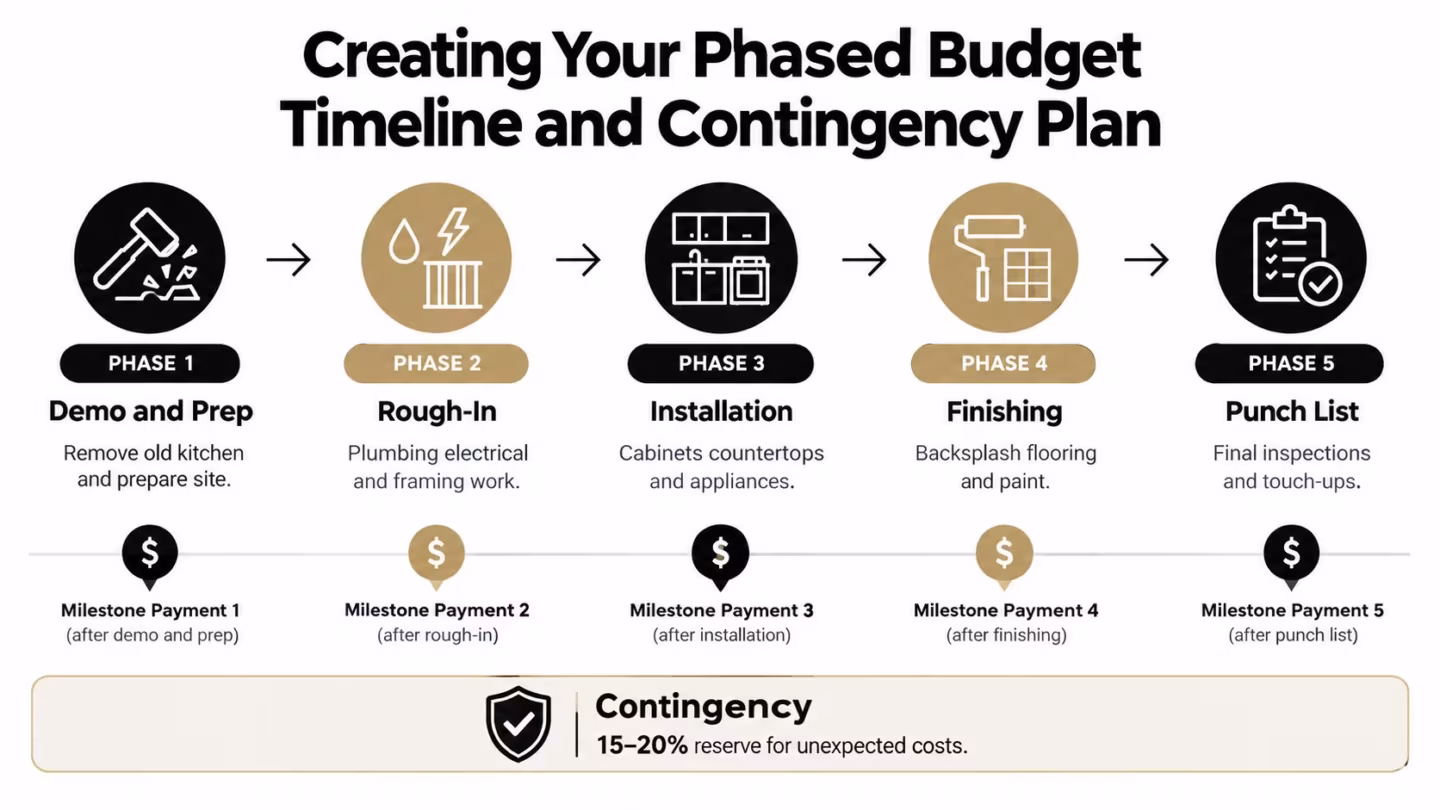 A phased kitchen renovation budget timeline showing five project stages and corresponding milestone payment points.