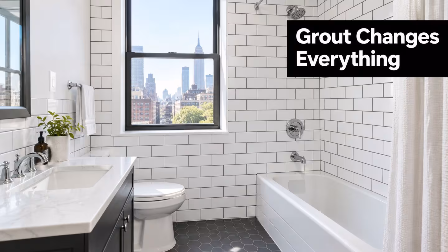 A modern bathroom featuring white subway tile walls with dark grout, a marble vanity, and city view.