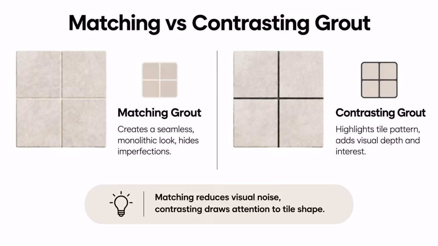 A graphic comparing matching versus contrasting grout colors for tiles, highlighting their different visual effects.