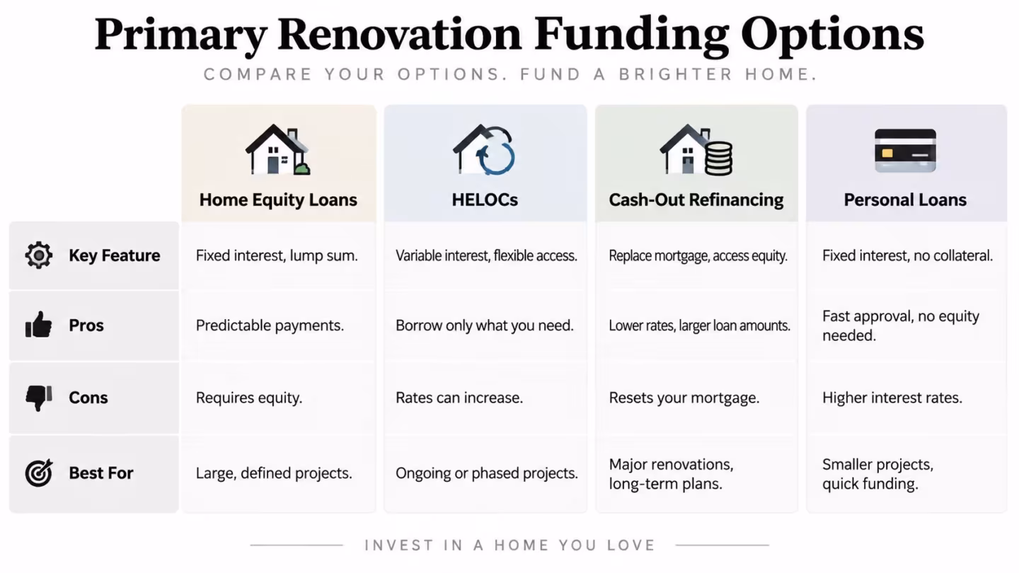 A comparison table outlining four primary home renovation funding options, including loans, credit lines, and refinancing.