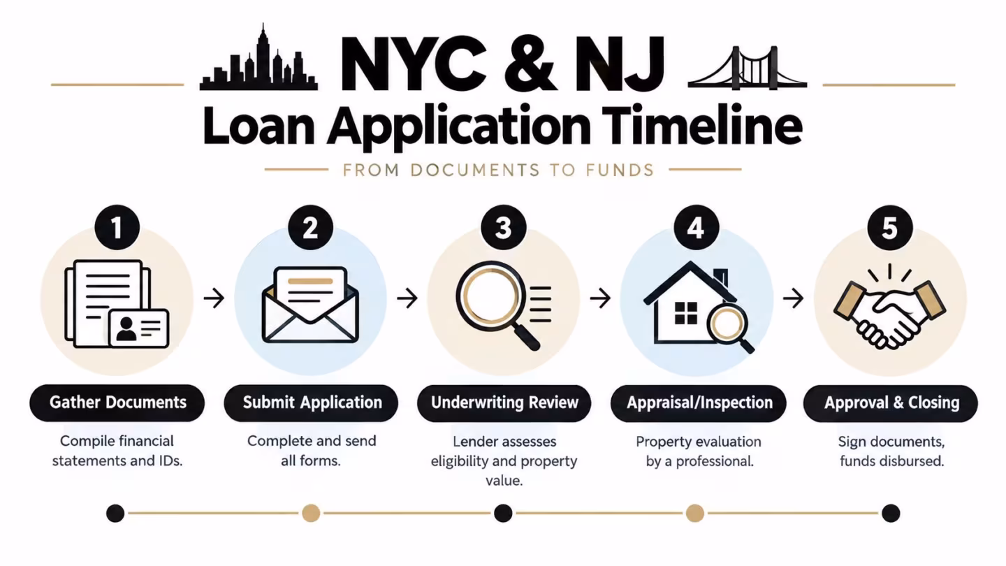 A five-step infographic showing the loan application process from document gathering to final approval and closing.