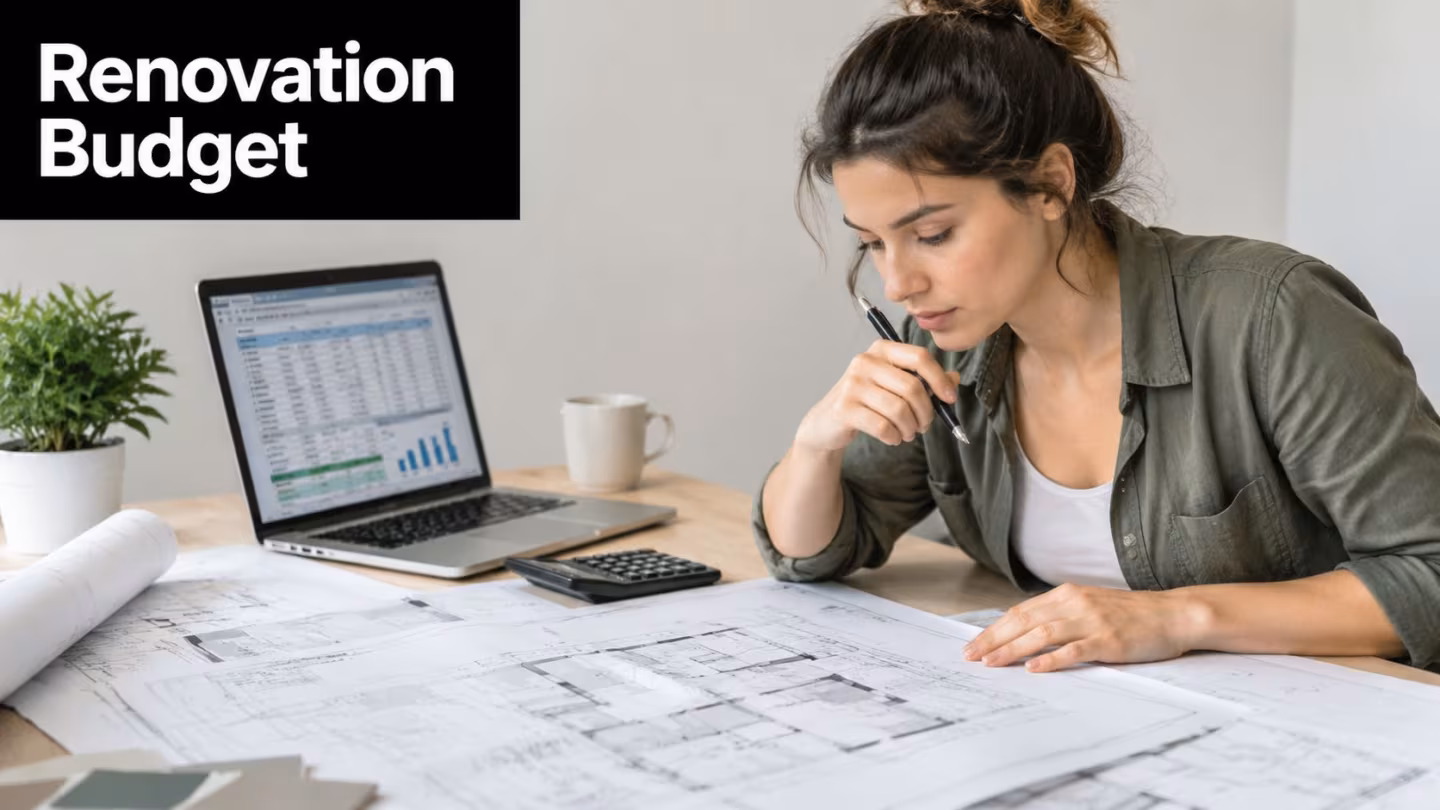 A woman reviewing architectural floor plans and working on a renovation budget at her office desk.