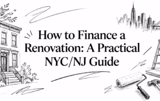 Hand-drawn NYC renovation guide cover with a townhouse, skyline, ladder, paint roller, and tools beside the title.