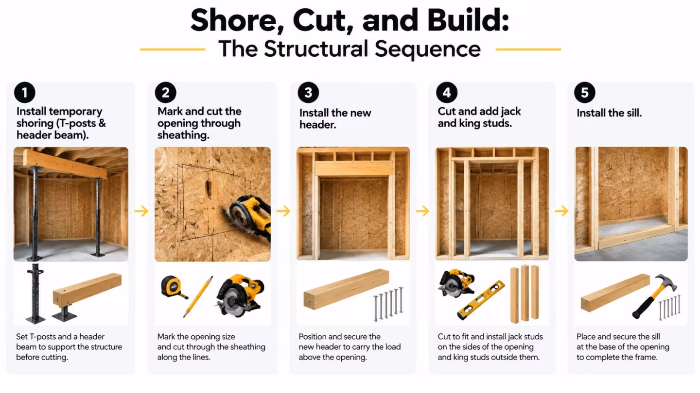 A five-step infographic showing the construction process to frame a window or door in an existing wall.