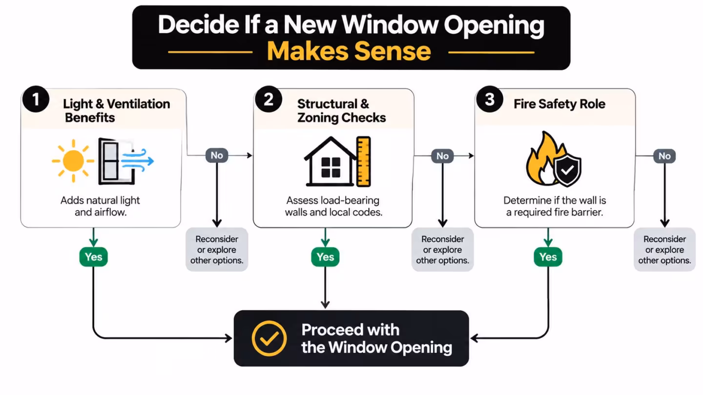 A flowchart infographic outlining the decision-making process for creating a new window opening in a wall.