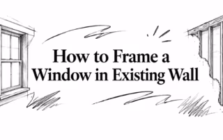 Hand-drawn windows flank the headline “How to Frame a Window in Existing Wall” on a construction guide graphic.