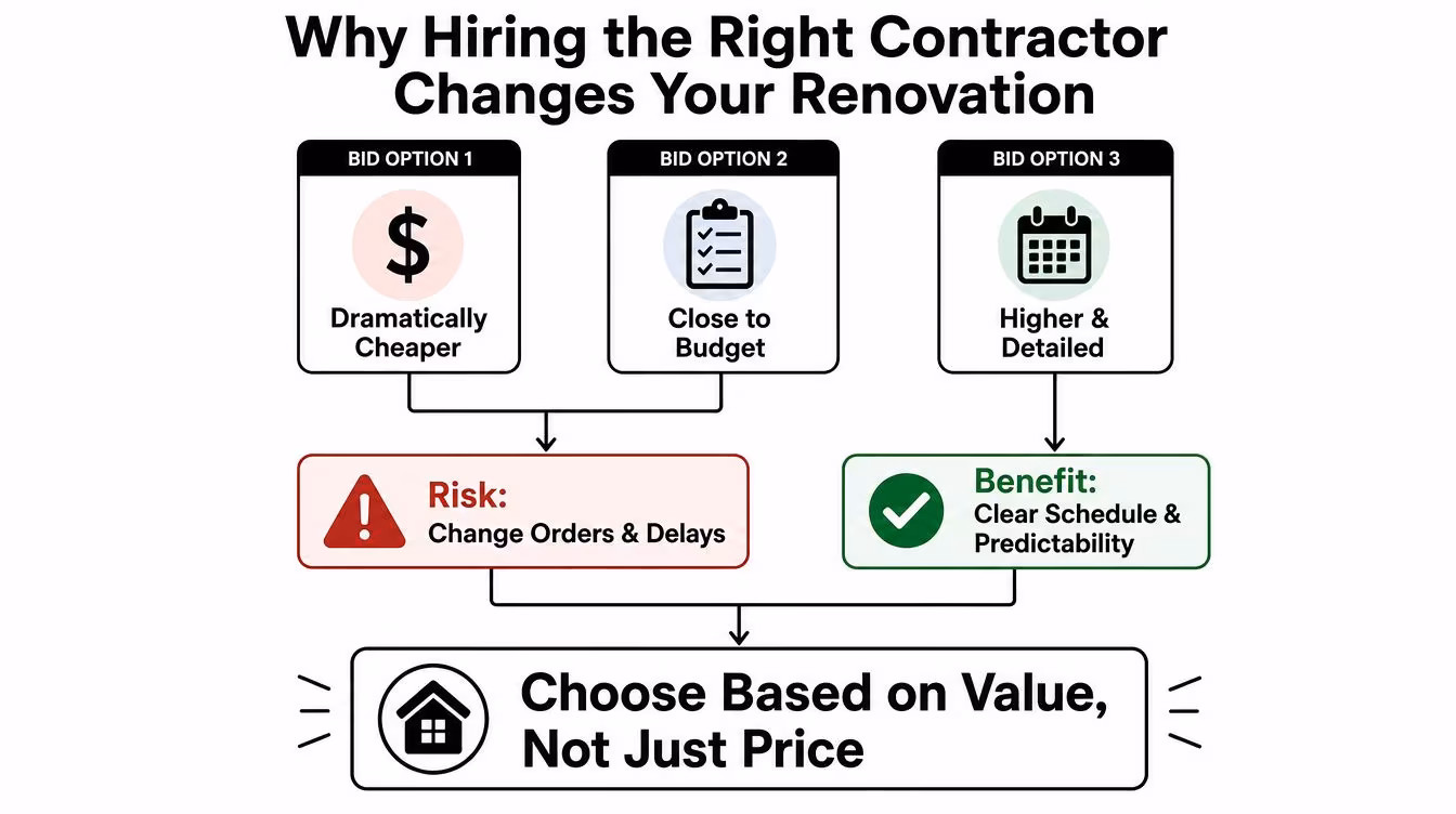 A flowchart explaining how to choose a contractor by weighing bid price against risk and value.
