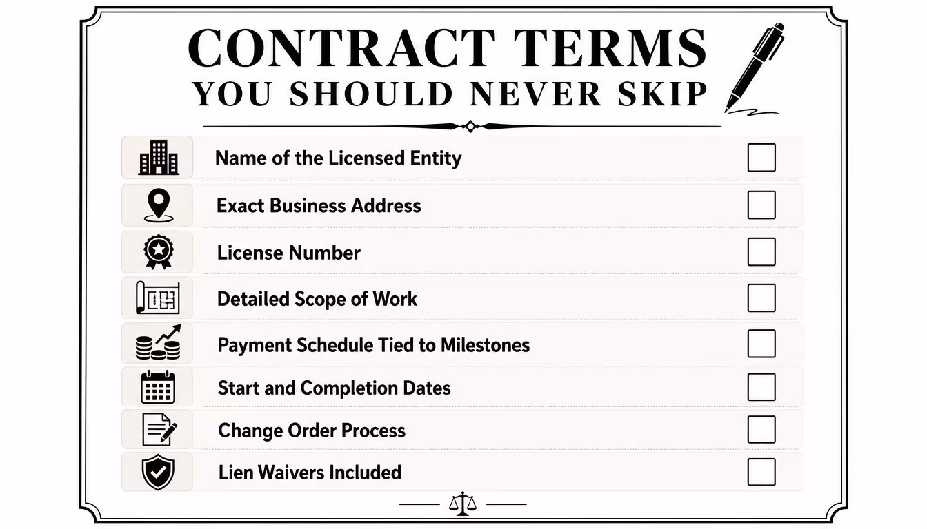 A checklist titled Contract Terms You Should Never Skip featuring essential items to verify before hiring a contractor.