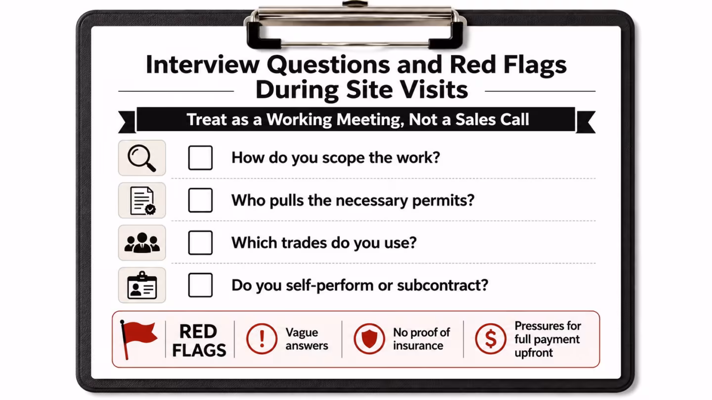 A checklist on a clipboard outlining important questions to ask contractors during a home improvement site visit.