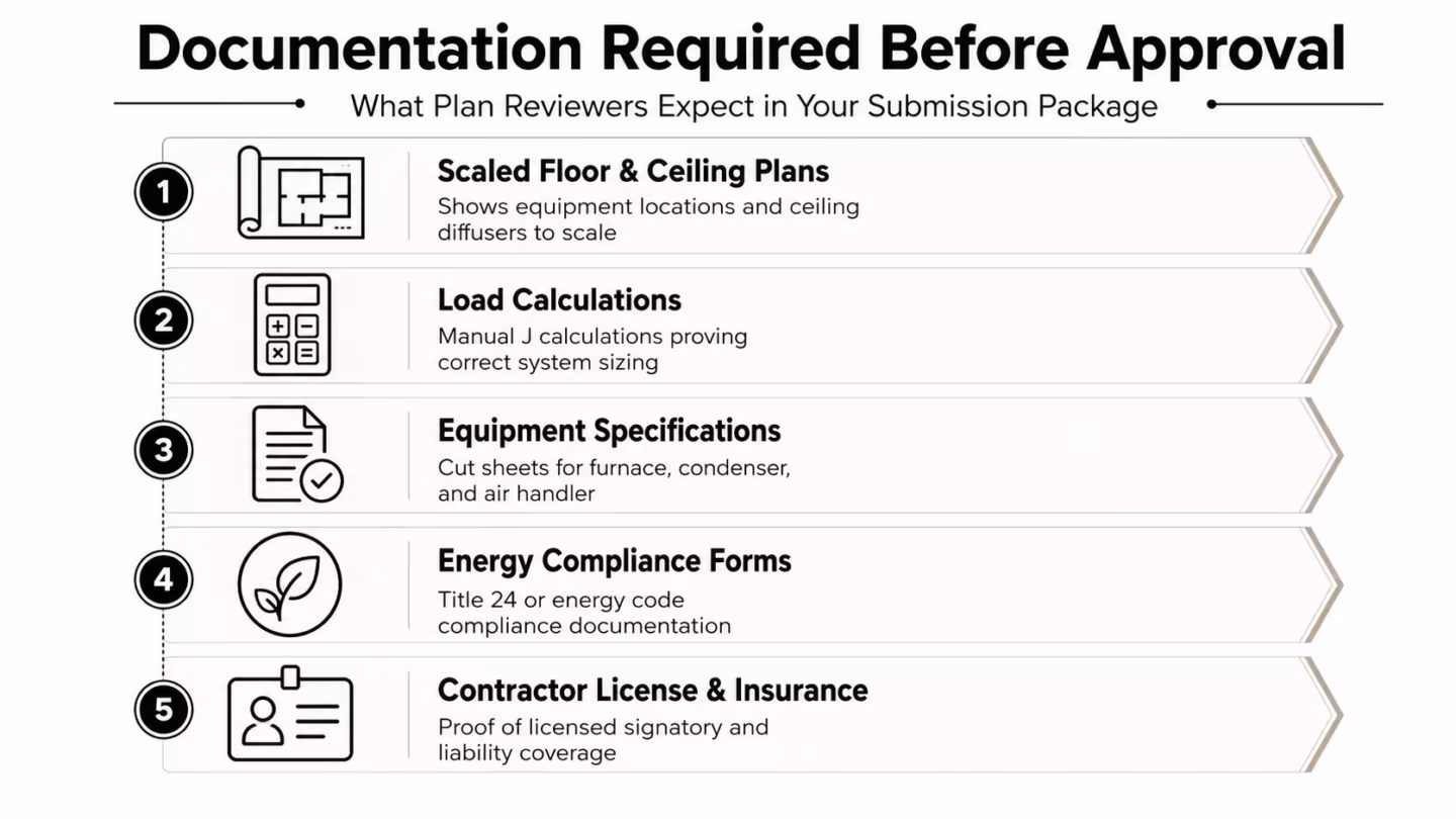 A checklist showing five required documents for HVAC plan approval, including floor plans, load calculations, and licenses.