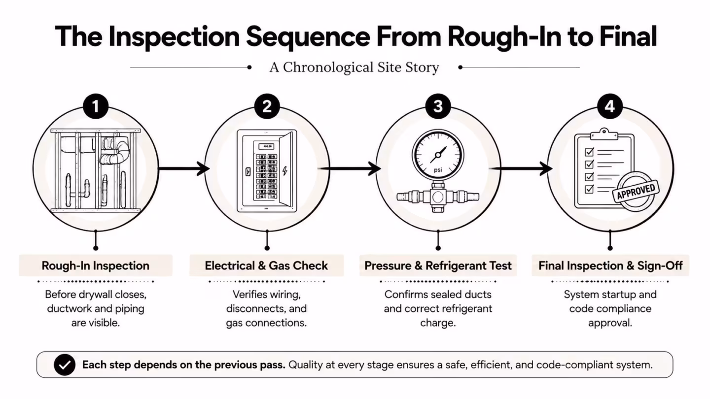 An infographic showing the four-step chronological HVAC inspection sequence from rough-in to final sign-off.