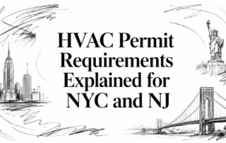 Hand-drawn NYC and NJ landmarks frame the headline “HVAC Permit Requirements Explained for NYC and NJ”