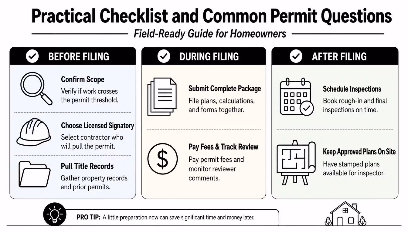 An infographic titled Practical Checklist and Common Permit Questions outlining steps for homeowners to manage construction permits.