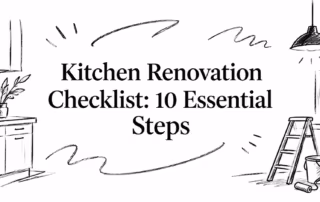 Hand-drawn kitchen renovation checklist titled “10 Essential Steps,” with cabinets, a pendant light, ladder, and paint bucket.