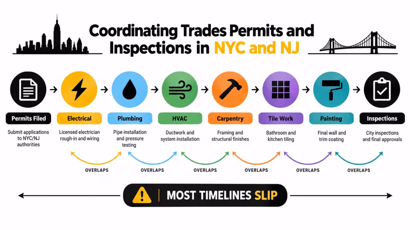 A construction process flowchart illustrating trades coordination, permits, and inspections for projects in NYC and NJ.