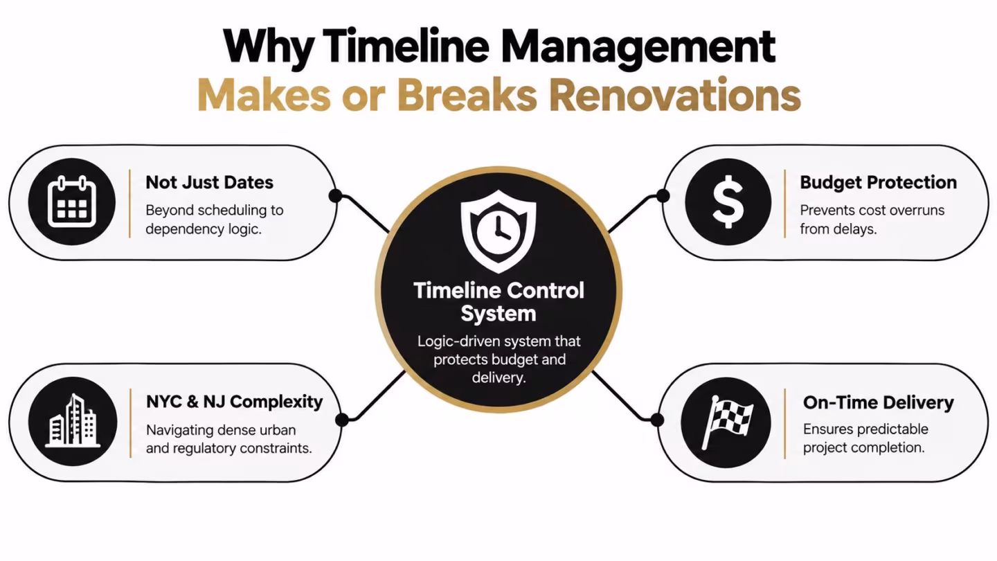A diagram explaining how a timeline control system manages renovation projects to protect budgets and ensure timely delivery.